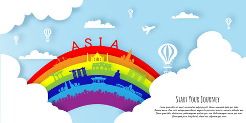 Asia in paper cut style with rainbow. Landmarks of Asia Vectors Illustration