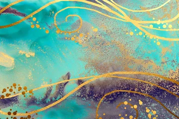 Kunstfotografie abstrakter flüssiger Kunstmalerei mit Alkoholtinte, Blau, Türkis und Goldfarben © tomertu