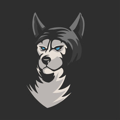 Dog wolves face mascot e-sport logo design isolated on dark grey background. Angry wolf monster mascot vector illustration logo. Professional wolf logo for a sport team. Modern template design