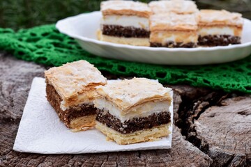Delicious homemade cakes with vanilla and chocolate custard cream and pecan nut dough served on wooden background/ Closeup still life food photography