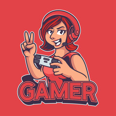 Gamer girl mascot gaming e-sport logo template. Beautiful ladies character with headphone and holding joystick isolated on red background. Sport illustration design for logo e-sport gaming team squad