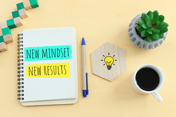 concept image with new mindset new results text. top view of office table
