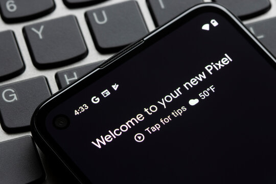 Portland, OR, USA - Feb 21, 2021: Closeup of a new Google Pixel 4a smartphone.