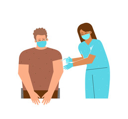 Obraz premium Vector flat concept illustrated Coronavirus (COVID-19) vaccination. European nurse holds syringe. Woman gives antiviral injection with drug to young adult man. Providing immunity against SARS‑CoV‑2