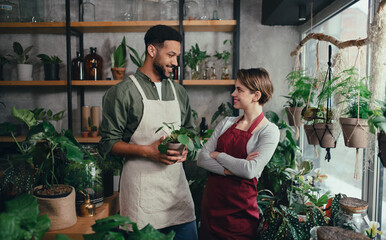 Shop assistants working in indoor potted plant store, small business concept.