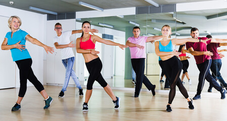 Fototapeta na wymiar Happy active sporty adults of different ages dancing at dance class