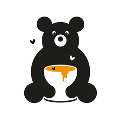 Bear with a cup of honey. Bear logo with a large barrel of honey in his hands and bees are flying around. Vector, illustration