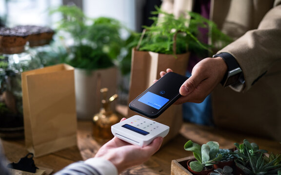 Customer with smartphone paying in plant store, contactless payment concept.