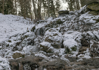 frozen fast flowing spring water, icy rocks and water stream, frosty tree roots, beautiful ice and water texture