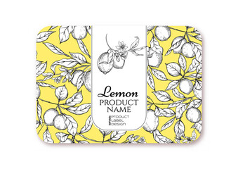 Lemon. Ripe citrus. Template for product label, cosmetic packaging. Easy to edit. Graphic drawing, engraving style. Vector illustration.