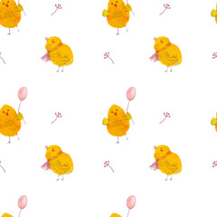 Cute chickens with a flower on a white background.