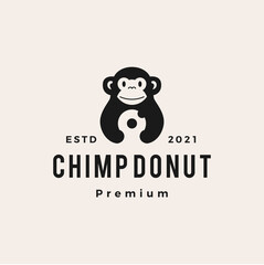 chimp monkey donuts hipster vintage logo vector icon illustration