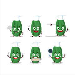 Cartoon character of cucumber with various chef emoticons