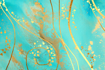 art photography of abstract fluid art painting with alcohol ink, blue, turquoise and gold colors