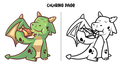 Cute green dragon eat pizza Coloring Page and Book
