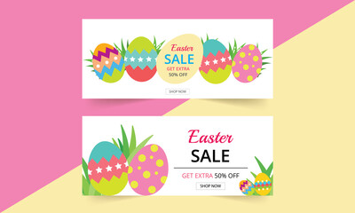 Easter Sale Banner Set Template. Easter sale vector poster with eggs. flyers, invitation, posters, voucher, wallpaper, coupon discount, brochure, greeting card. Easter egg hunt announcing sales banner