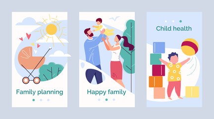 Happy Family Father, Mother and Child Against the Backdrop of Nature and the Bright Sun. Template Design Health and Family Planning. Vector Illustration in Flat Cartoon Style.