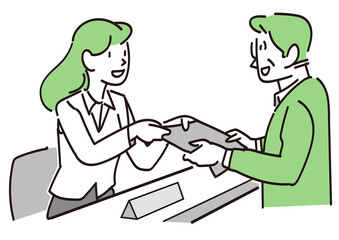 医療事務の受付を担当する女性と書類を提出する男性