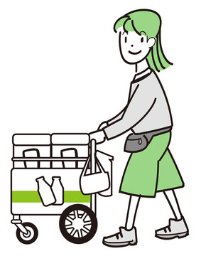 ワゴンで飲料販売を行う女性