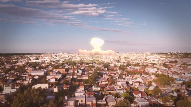 Realistic Nuclear Blast Over City Suburbs. Old 50s Film Look.