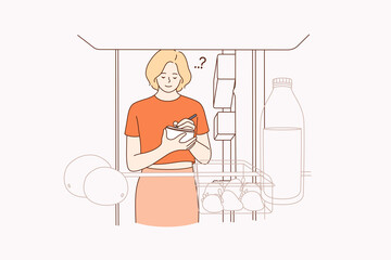 Forming shopping list for supermarket concept. Young smiling woman standing checking refrigerator and making shopping list before going to grocery store vector illustration 