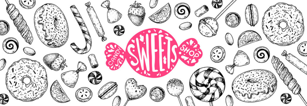 Set of sweets. Isolated on white background. Hand drawn vector illustration. Black and white candies set. Vector illustration in sketch style.
