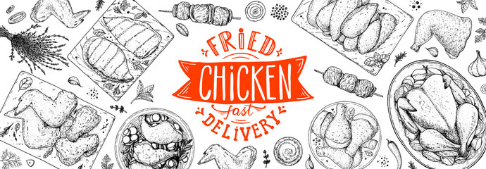 Chicken dinner. Grilled and Fried chicken. Hand drawn sketch illustration. Grilled chicken meat top view frame. Vector illustration. Engraved design. Restaurant menu design template.