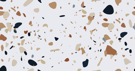 Terrazzo vector seamless pattern. Texture of Italian floor with chips of marble, quartz, granite, glass. Modern background design in natural colors.