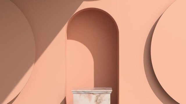 3d animation of the podium for the presentation of a product or service. Round geometric slabs open and a marble pedestal slides out. A platform with a hard shadow from the bright sun.