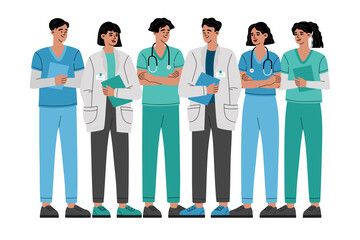 Group of doctors, nurses and medical personnel team, healthcare frontline workers, heroes character. Professional therapist and hospital staff. Trendy modern illustration isolated on white background