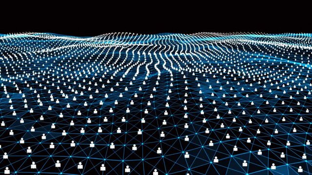 4k abstract Digital blue Wave of nodes with social media symbol dance motion on wave.Futuristic dots background with a dynamic wave.Social network connections.Connecting people on the internet.