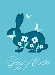Easter card with a rabbit and flowers.