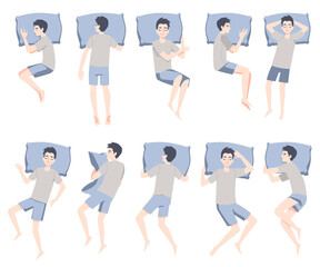 Sleep position set - cartoon man with pillow sleeping in different poses