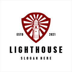 Lighthouse with shield logo design template vector icon illustration.