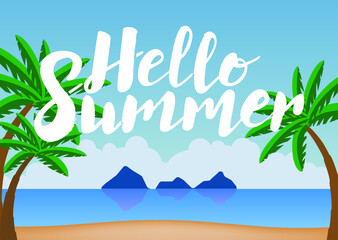 Hello summer lettering  over tropical background