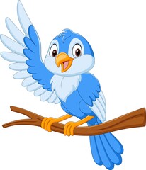 Cartoon blue bird waving on tree branch