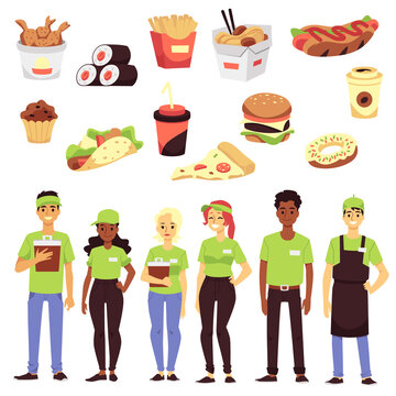 Set Of Icon For Fast Food Restaurants - Takeaway Food And Team Of Workers.