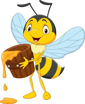 Cartoon cute little bee holding honey bucket