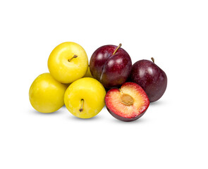 plums red purple yellow isolated on white background with clipping​ path​