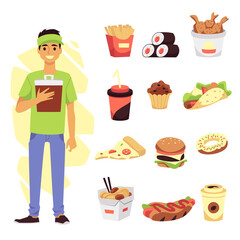 Set with fast food worker and meals symbols, flat vector illustration isolated.