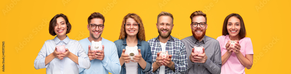 Wall mural group of people with piggy banks in studio