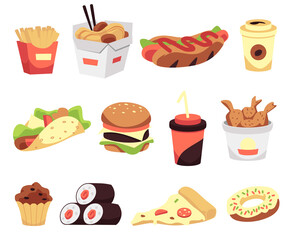 A set of fast food icons a flat cartoon vector isolated illustrations.