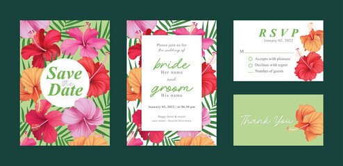 Beautiful hibiscus flower background template. Vector set of floral element for wedding invitations, greeting card, envelope, voucher, brochures and banners design.