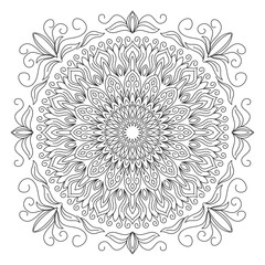 Circle ornament of silhouette flowers, twisted lines. Tile design.