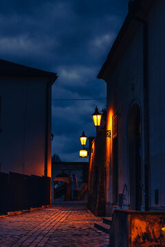 Brno center street at night. Old town Brno at night. Havla street.
