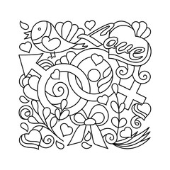 Coloring book. Cartoon hand-drawn Love pattern. Line art with hearts, flowers and leaves, bird