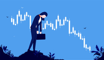 Woman losing money in the stock market - Female Investor feeling sad over financial loss and economic downturn. Vector illustration.