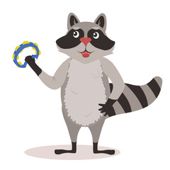 vector illustration of a raccoon with a musical tambourine in his hands. Isolate on a white background