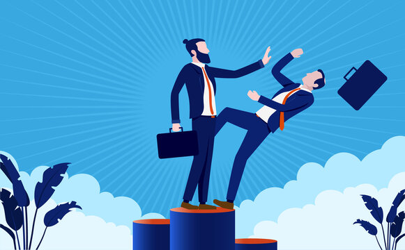 Eliminate Competition - Businessman Pushing Man Of Podium To Claim The Top Spot. Business Rivalry And Competitor Concept. Vector Illustration.