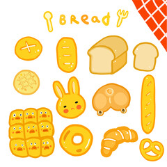 Set of  Sticker Cute icon  cartoon Breads ,Bakery ,bake decoration elements 